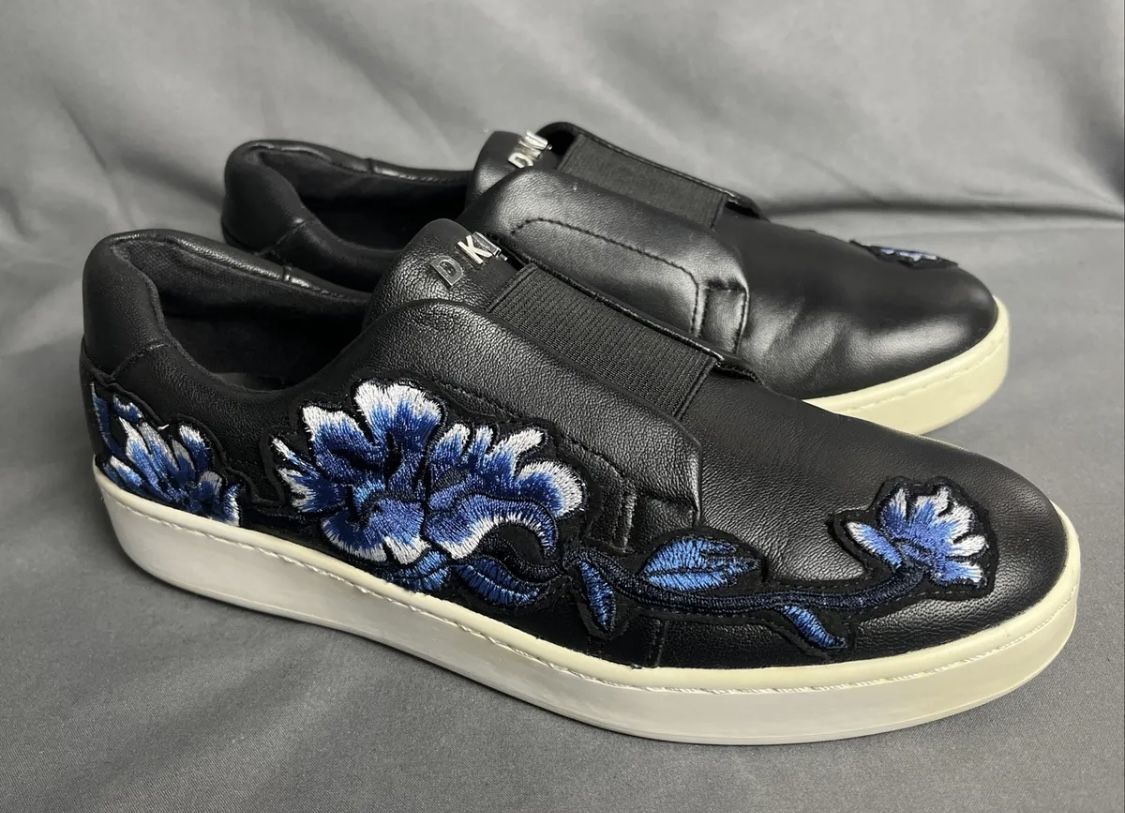Dkny ‘Bobbi’ Floral Design Leather Slip On Sneakers Black Size 6