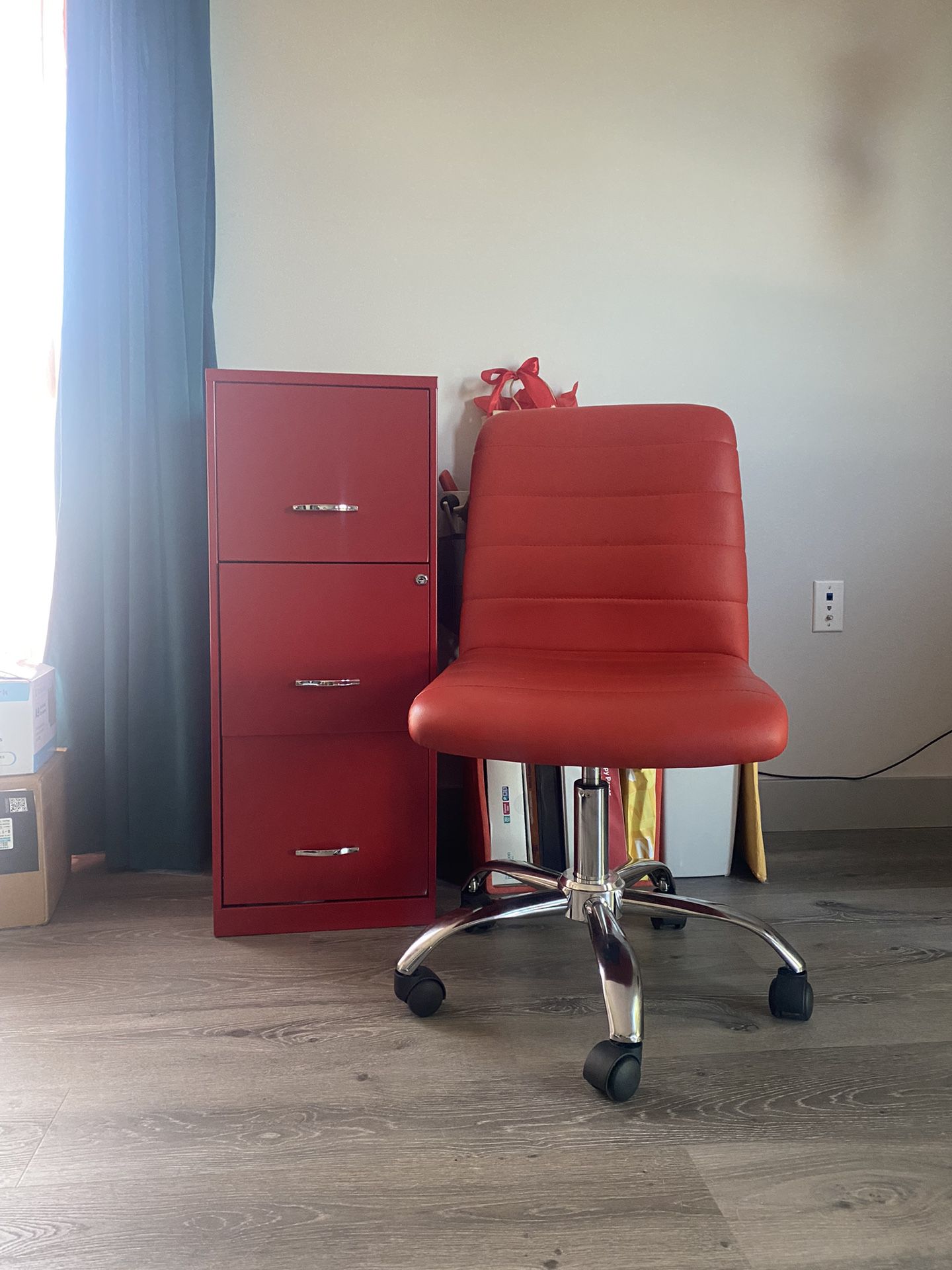MUST GO BY SUN 5/26 Red orange cushioned vegan leather swivel wheel office chair minimalist