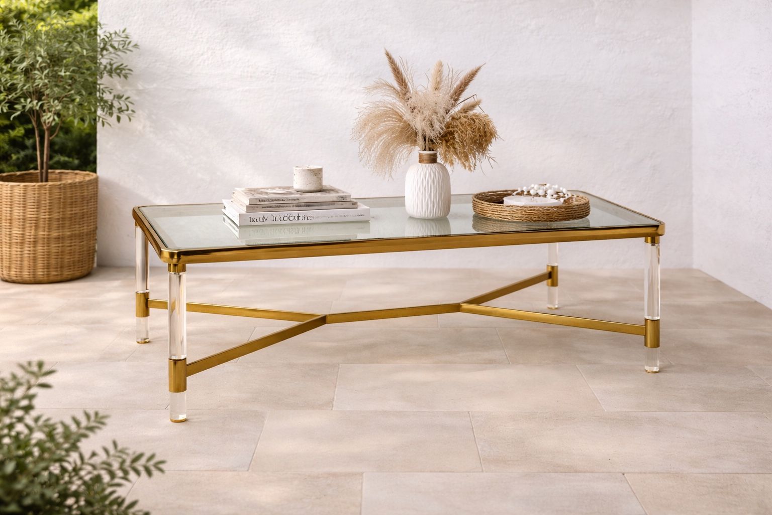 Modern Gold and Acrylic Glass Coffee Table