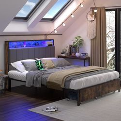 King Bed Frame with Hidden Storage Headboard and 2 Drawers, LED Bed Frame with Charging Station, Metal Platform Bed Frame, No Box Spring Needed, Vinta
