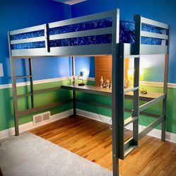 Lifeand Full size Loft Bed w/ Desk, 2 Drawer Cabinet and Writing board