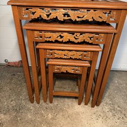 Asian Oriental Hollywood Regency Heavy Carved Floral Nesting Tables Set of Four