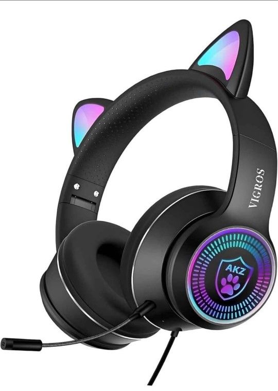 NEW! Cat Ear Gaming Headphones Wired AUX 3.5mm w/ LED Lights, Mic, Surround Sound, BLACK (2 AVAILABLE)