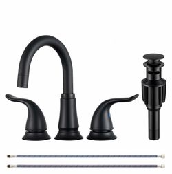 Matte Black Bathroom Faucet 3 Hole, 8 Inch Widespread Bathroom Sink Faucet With Pop-Up Drain Assembly And Supply Lines, Two Handle For Lavatory, Restr
