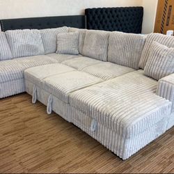New Grey Sectional W Storage Pull Out Sofa & USB Port Type C