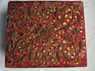 Red Beaded Jewelry Box Mirror Sequin Embroidered Gold Brocade Boho Trinket Case