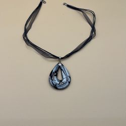 Black Glass Teardrop Pendant On Matching Ribbon Necklace 