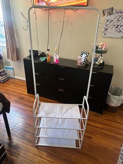 White Garment Rack with Shelves and Hooks