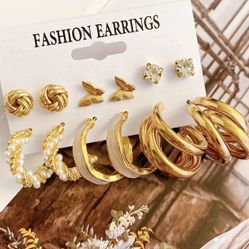 6 Pairs Set Golden Stud Earrings & Hoop 
