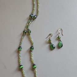 Green Irredescent Beaded Necklace With Earrings 
