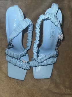 Ruched Chain Strap Sky Blue Heels Size 8 Statement Soft Glam Women's