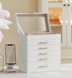 Jewelry Box with Glass Lid, 6-Layer Jewelry Organizer, 5 Drawers