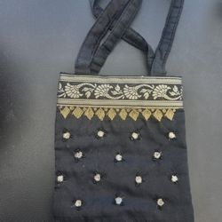 Indian Inspired Embellished Black Tote Bag with Gold Trim
