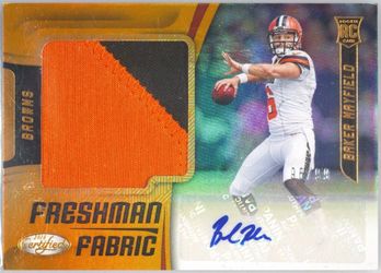 2018 Panini Certified Baker Mayfield Freshman Fabric Signatures rookie patch autograph card. 1/99