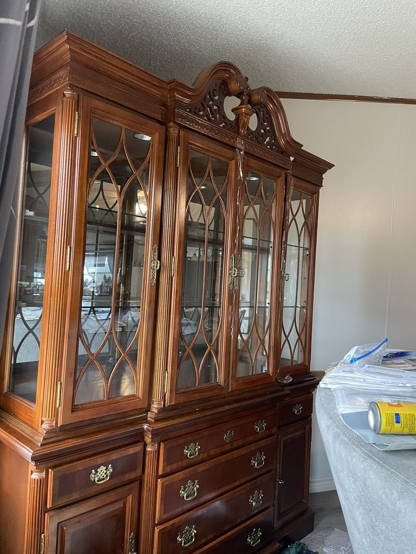 Vintage Style Cherry Wood, Chippendale Style China Cabinet Dinner Plate, Tea Cups, Saucer Plates wine glasses Shot Glasses 