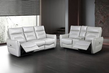 Brand New Taupe Leather Power Reclining Sofa & Loveseat