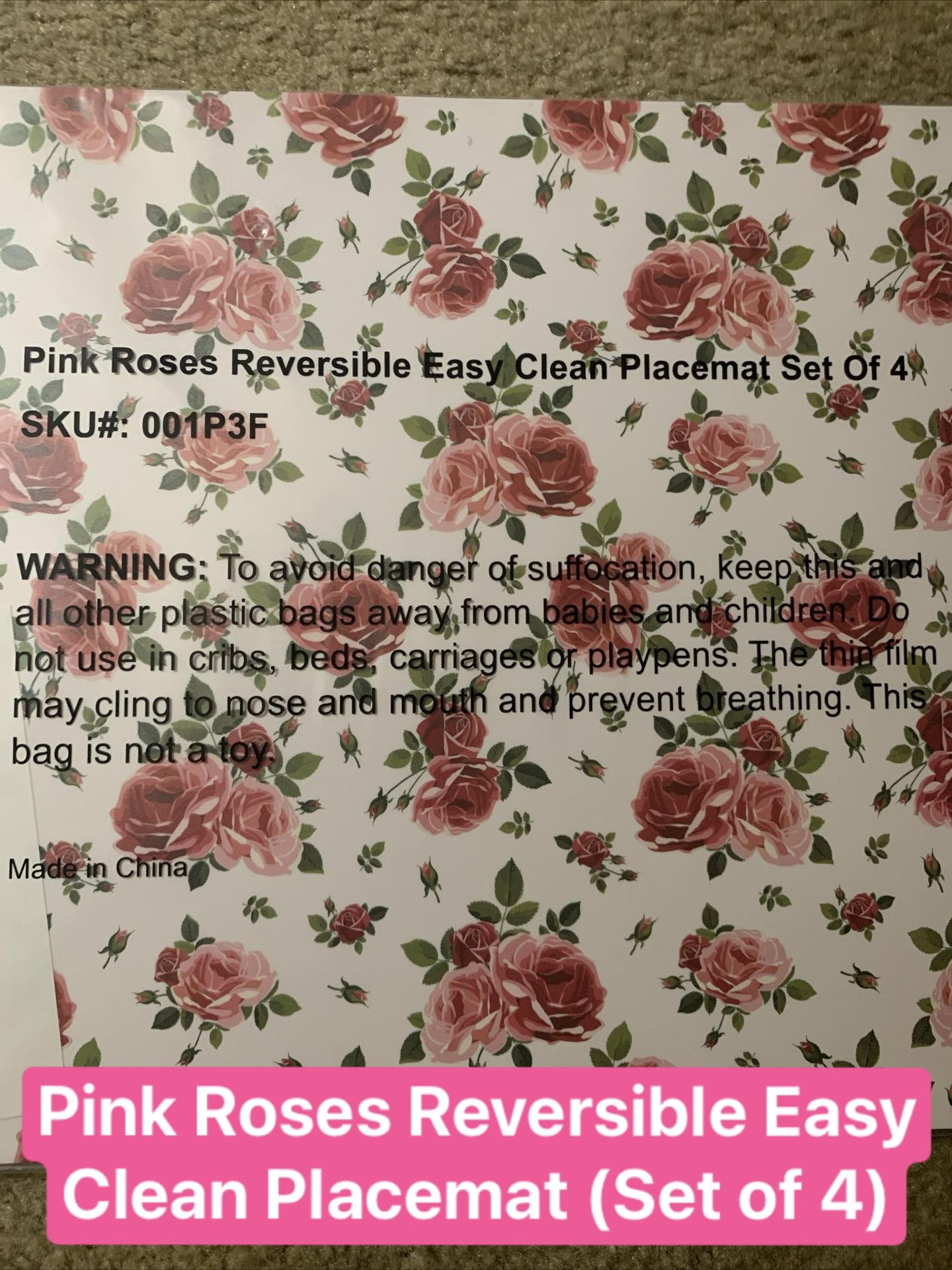 12”x18” Pink Roses Reversible Easy Clean Placemats (Set Of 4)