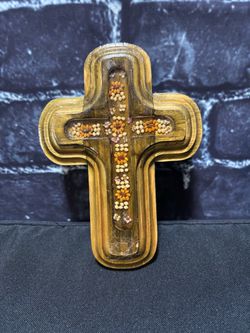 Vintage Mexican Folk Art Wooden Wall Cross Acrylic Pressed Flowers 6.5"