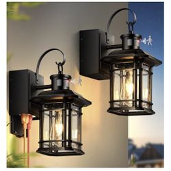 2 Pack Porch Light with GFCI Outlet, 3 Lighting Modes Motion Sensor Outdoor Lights, Dusk to Dawn Outdoor Light with Outlet, Black Outside Lights for H