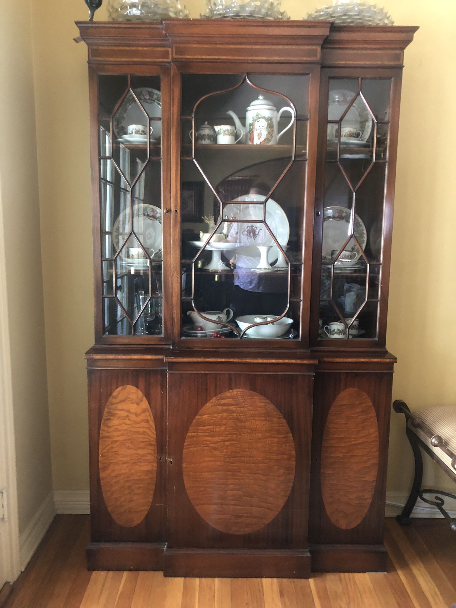 Handmade Antique Vintage Elegant Glass Front Wood Inlay China Cabinet Cupboard Sideboard CHARAK FURNITURE CO Numbered #1386