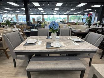 6 PC DINING SET- TABLE, 4 CHAIRS & BENCH