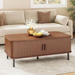 Coffee Table with Storage, 47.2" Mid Century Modern Coffee Tables for Living Room, Rectangle Wood Center Table with Sliding Tambour Door & A