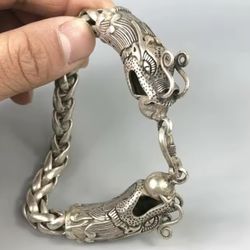 VINTAGE OLD HANDMADE TIBETAN DRAGON BRACELET (925 SILVER) SIZE: 20.3 CM.**Weight: 80 GR.** Open Box Condition**