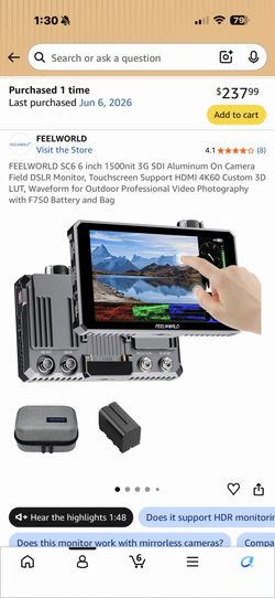 FEELWORLD SC6 6 inch 1500nit 3G SDI Aluminum On Camera Field DSLR Monitor, Touchscreen Support HDMI 4K60 Custom 3D LUT, Waveform for Outdoor Professio