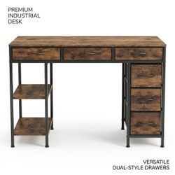 Rustic Industrial Computer Desk with 6 Fabric Drawers & Storage Shelves