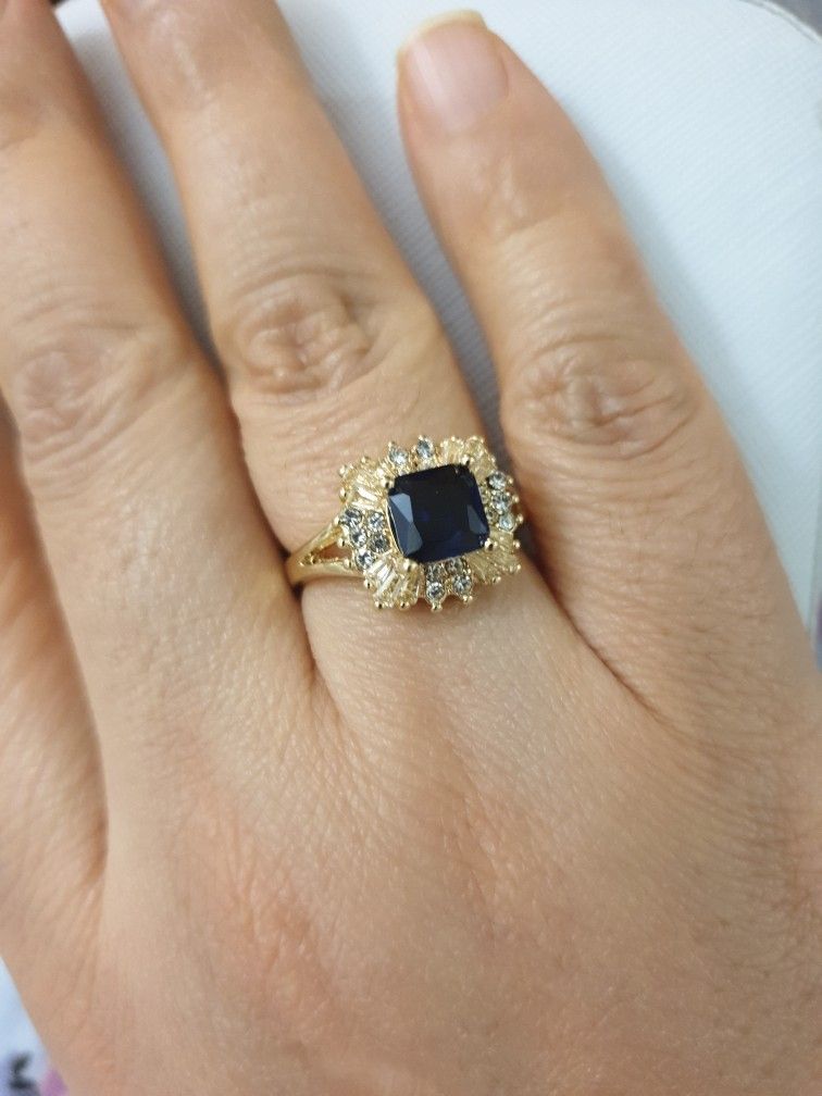 Blue Sapphire And Czs Gold Plated Ring Size 8