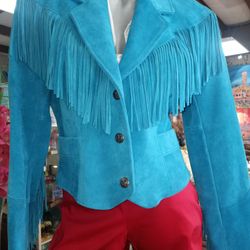 Women's Turquoise Leather Fringe Coat Made In The USA