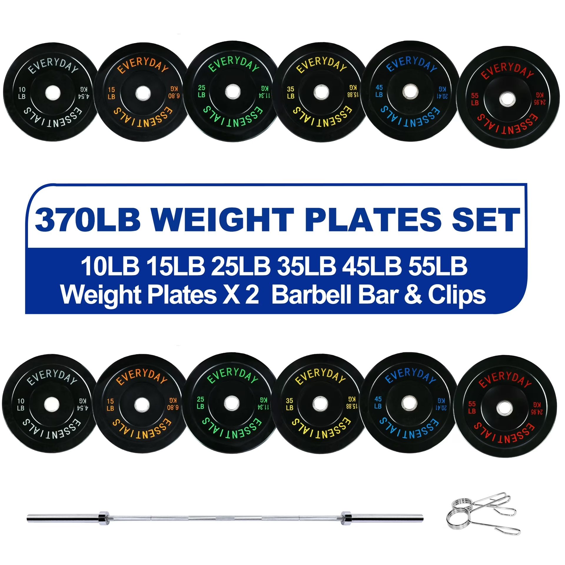 BalanceFrom Olympic Bumper Plate Weight Plate with Steel Hub, Black, 370 lbs Set with 7FT Olympic Barbell and Clips, Multiple Packages