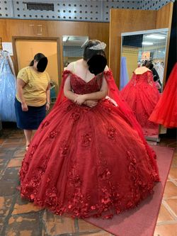 Red Quinceañera Dress w/ Hoop Skirt, Ramo, and Crowns