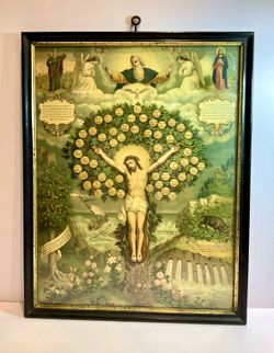 Vintage  French Tree of Life Religious Lithograph Christ Crucifixion Framed Print