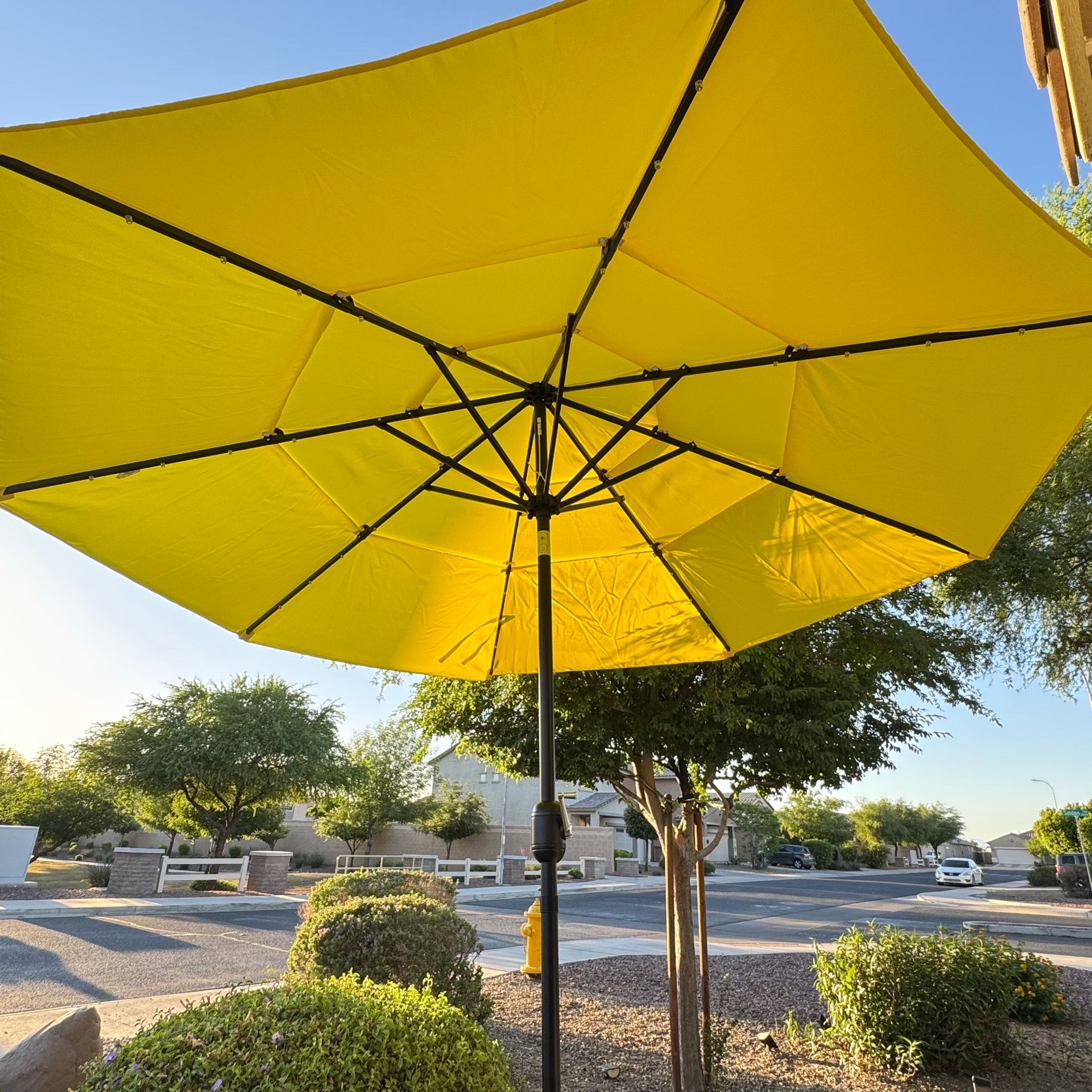 w base 10Ft 3-Tier Solar Patio Umbrella•_ÎLED Lights Patio Umbrellas With 8 Sturdy Ribs,UV Protection For Garden Deck Backyard Pool Fabric Color: Yell