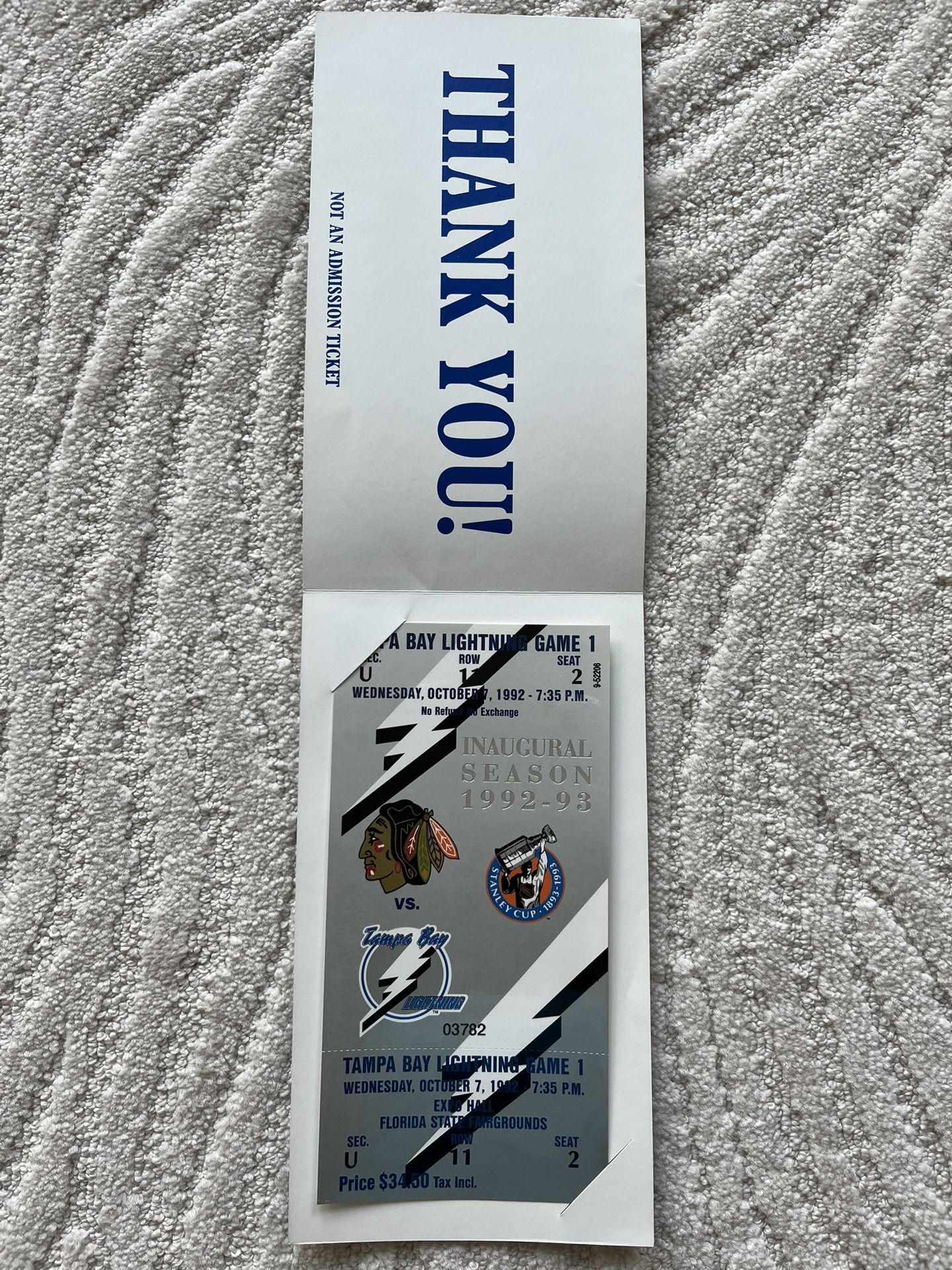 Tampa Bay Lightning October 7, 1992 First Game Commemorative Ticket