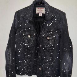 true religion black denim jacket with white paint splatter