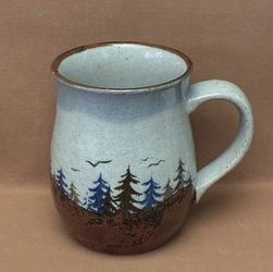 Vintage Otagiri stoneware mug curved shape pine trees birds blue sky