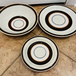 Haniwa Stoneware 8686 Contrast Dishes - 2 Dinner Plates, 2 Saucer/ Salad Plates & 1 Serving Bowl $10 -Some Wear but no chips or cracks  
