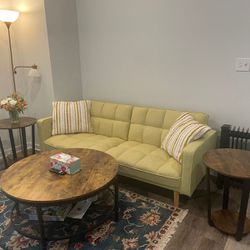 Yellow Couch, 3 Tables, Rug, Side Lamp