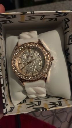 Rose Gold Crystal Bezel Watch White Silicone Band