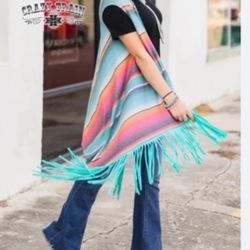 Crazy Train Leopard Serape Print Floral Embroidered Vest Fringe- OS-Regular