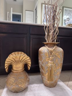 Gold Pottery Vases w/ Curly Willow Branches