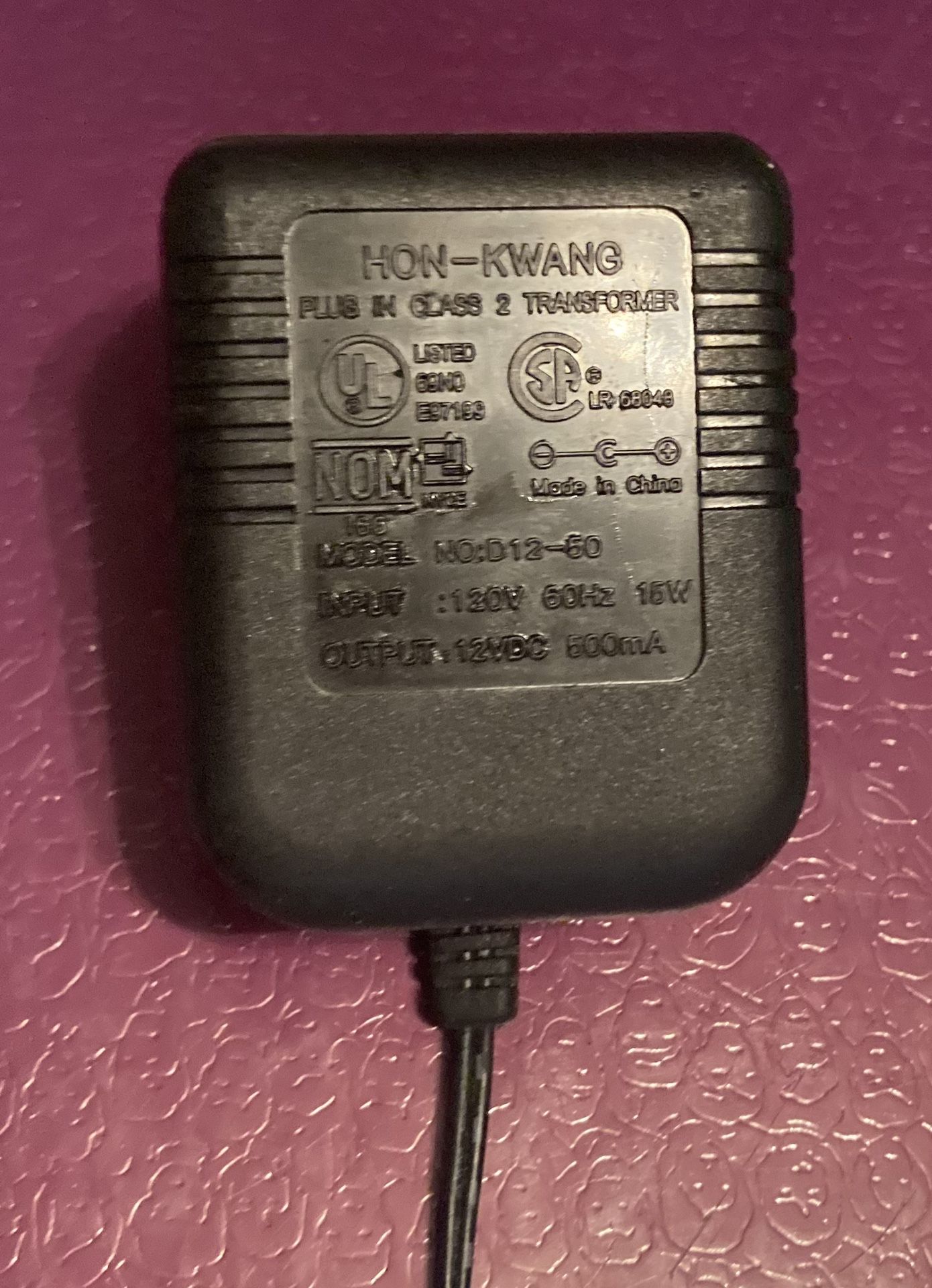 Genuine Hon-Kwang AC Adapter D12-50 Plug in Class 2 Transformer 12V DC 500mA