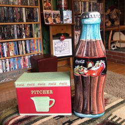 Brand New Vintage Coca Cola Glass Pitcher + 12” Bottle Tin