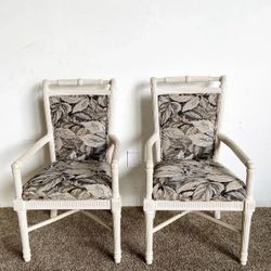 Boho Chic White Washed Pencil Reed Armchairs - a Pair