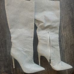 White Knee-High Rhinestone Heel Boots Size 10