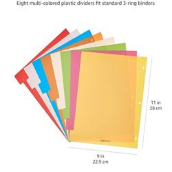 Amazon Basics 8-Tab Plastic Binder Divider with Multicolor Tab Label for 3 Ring Binder,Letter Size,6 Sets 