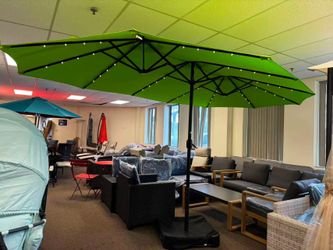 Double Sided Patio Umbrellas - 13ft Solar Lights LED Lighted Outdoor Extra Large Market Table Umbrella with Base Included, Oversized Umbrella for Deck