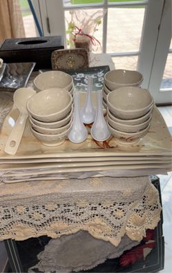 Sauce Bowls, Plate, Soup Spoons Set